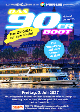 Bild: DAS 90erBOOT auf dem Rhein - Anfang Juli 2027 ab Mainz am Rhein